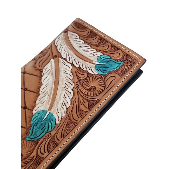 Western Ladies Bi fold Wallet Hand Tooled Painted Feathers Zippered Pocket 8"x4" - Picture 5 of 7